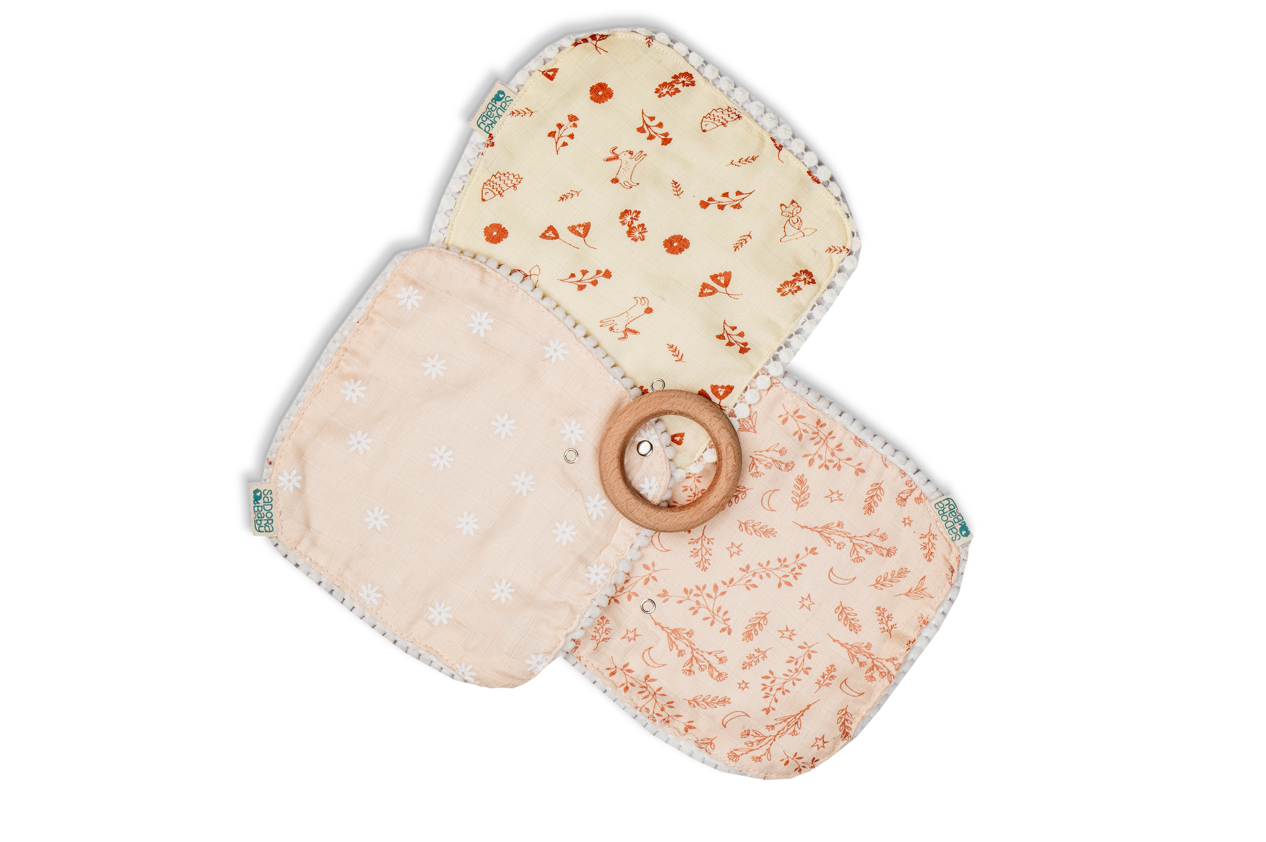 Pacifier Cloth With Wooden Ring / Floral / Daisy / Hedgehog