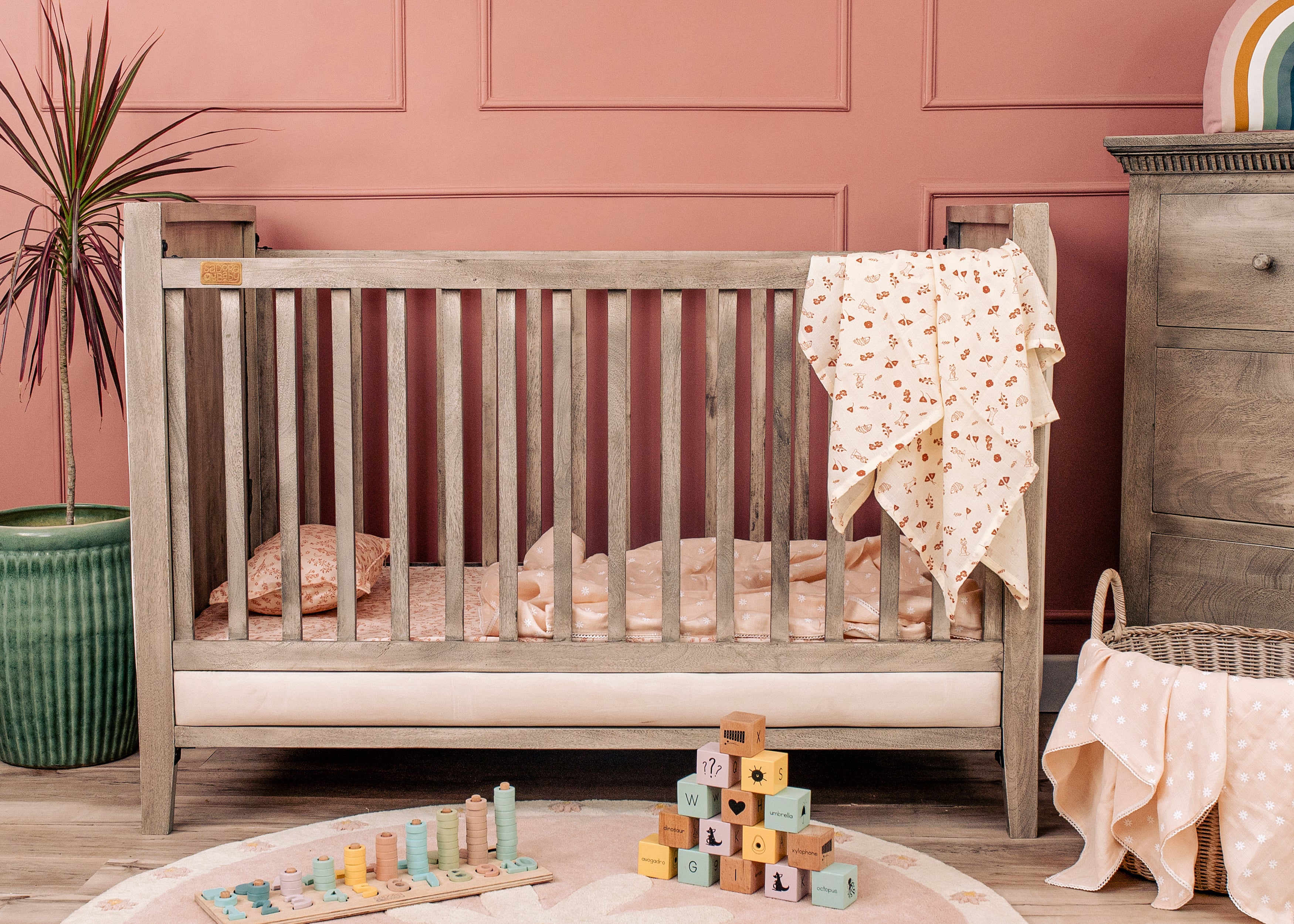 Wooden Cot With Velvet Upholstery - Ash Grey