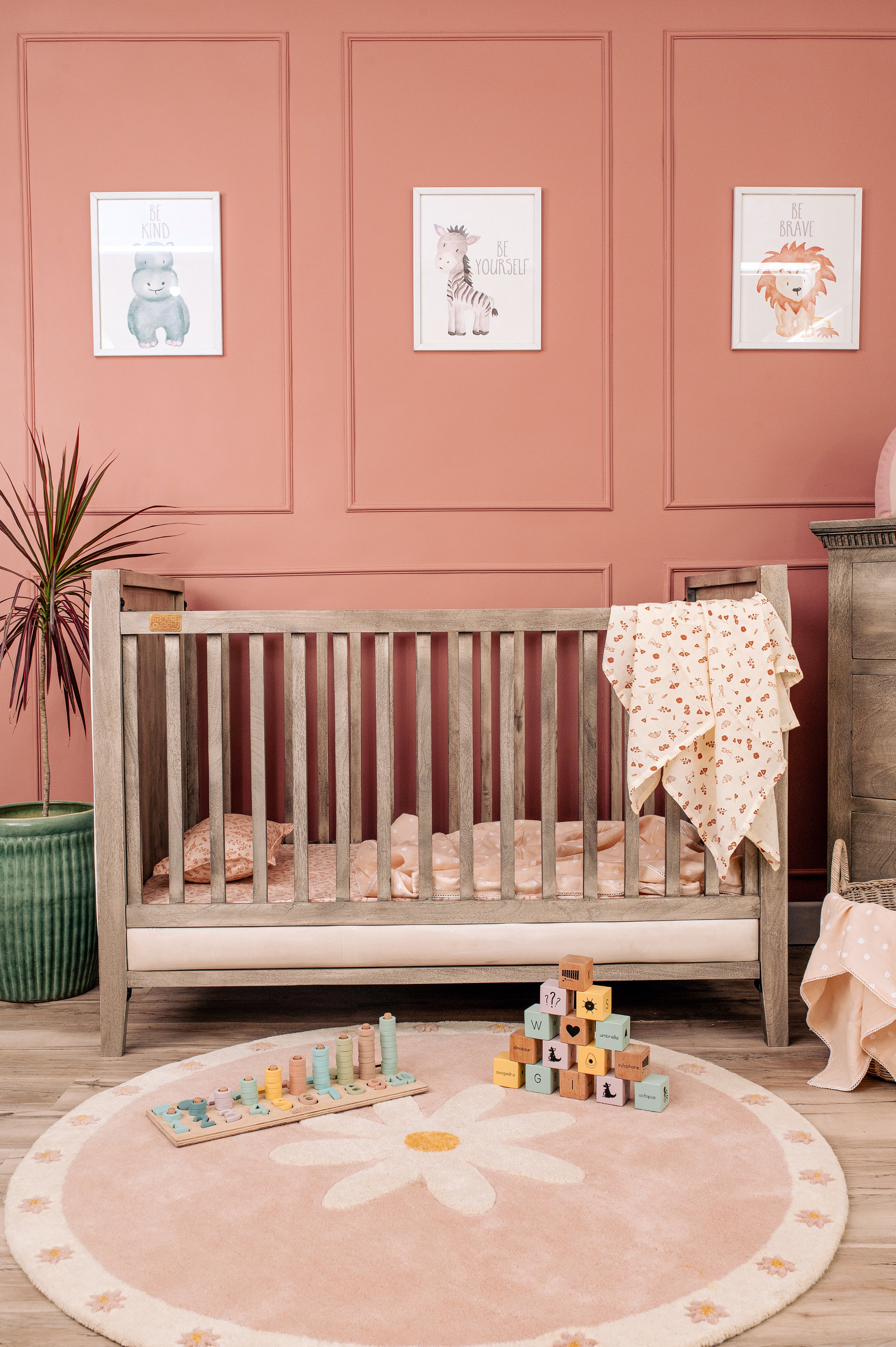 Wooden Cot With Velvet Upholstery - Ash Grey