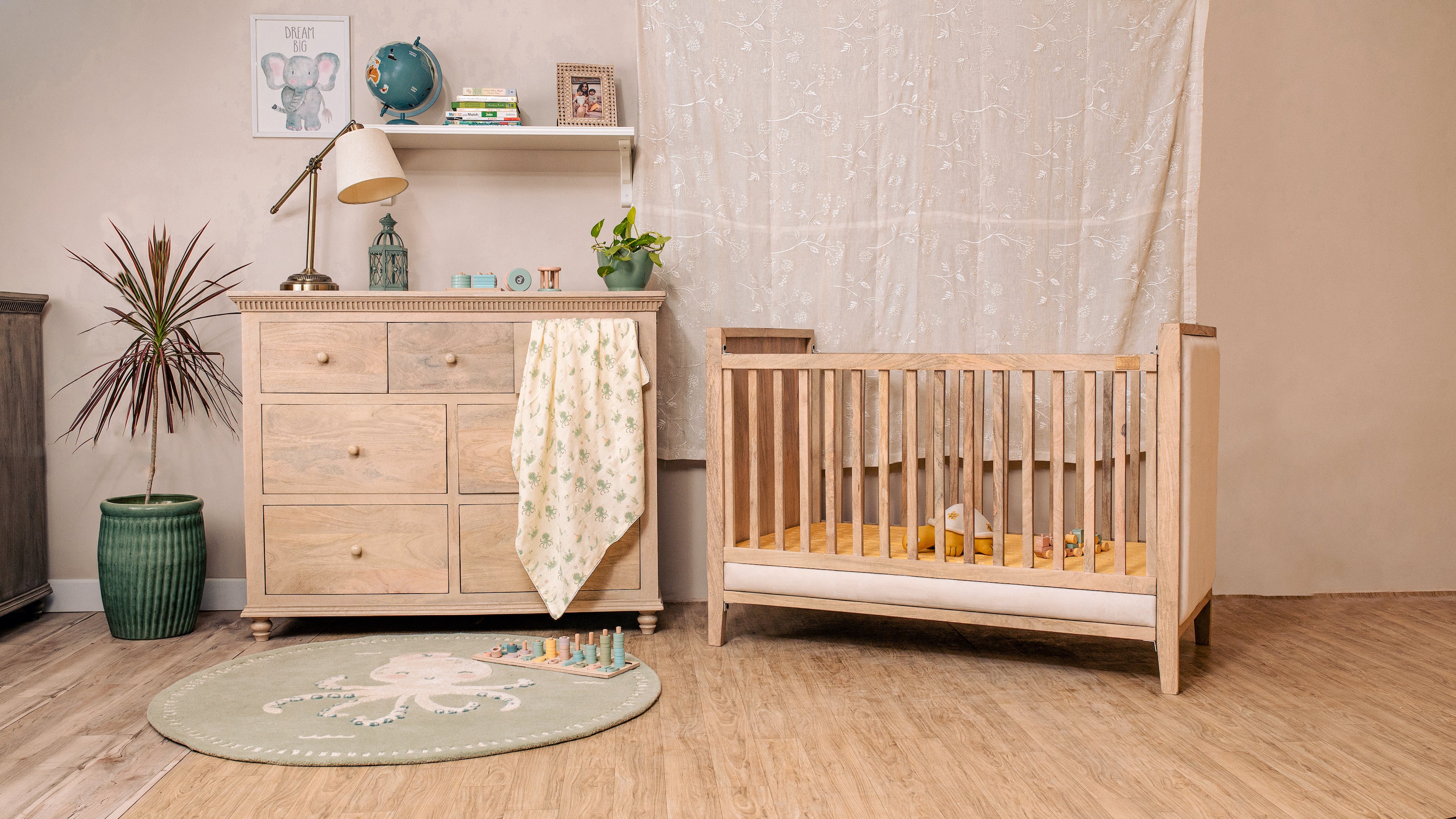 Wooden Cot With Velvet Upholstery - Oat Finish