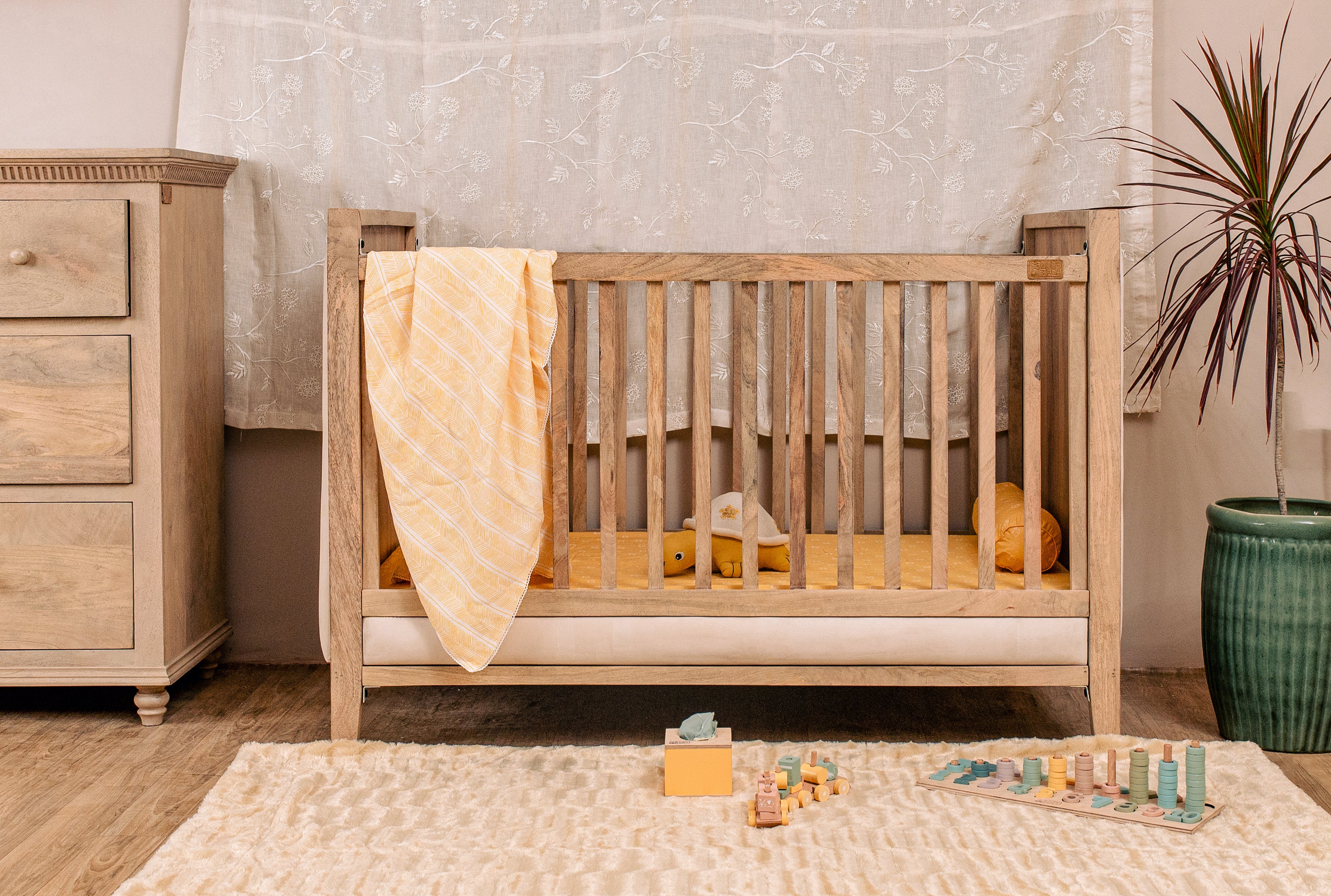Wooden Cot With Velvet Upholstery - Oat Finish