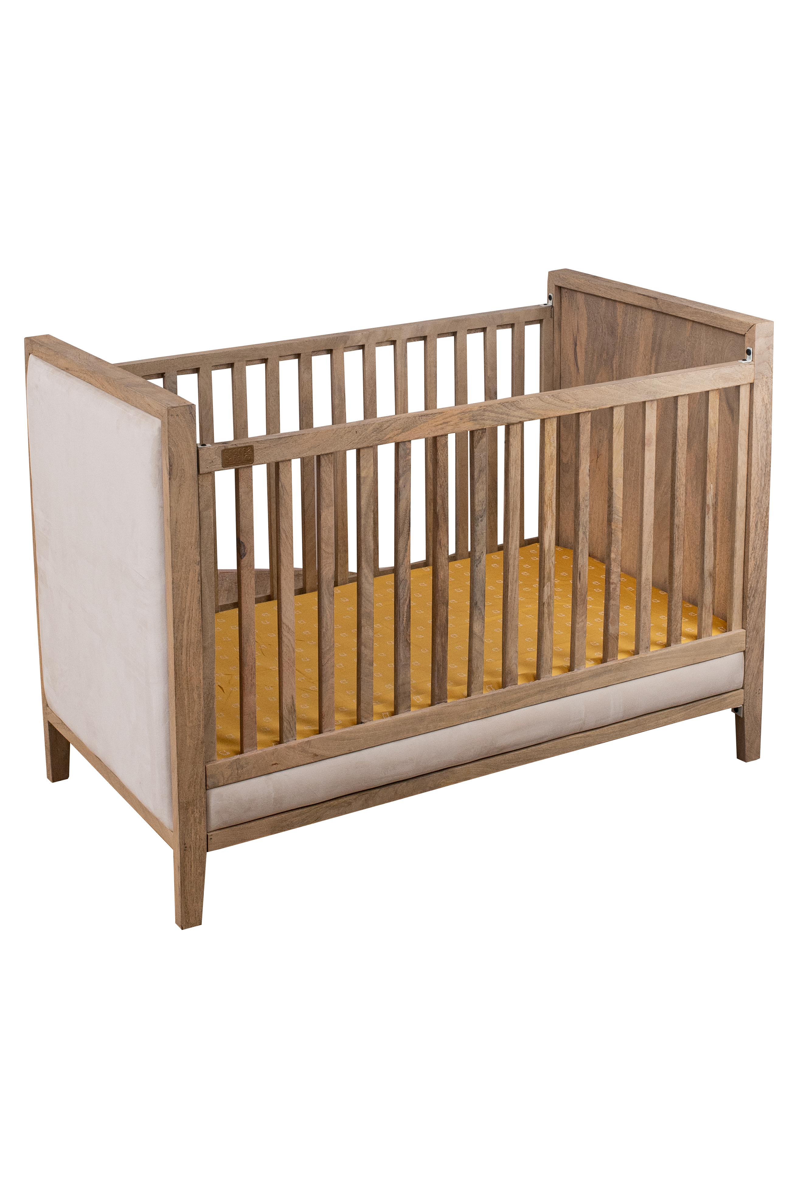Wooden Cot With Velvet Upholstery - Oat Finish