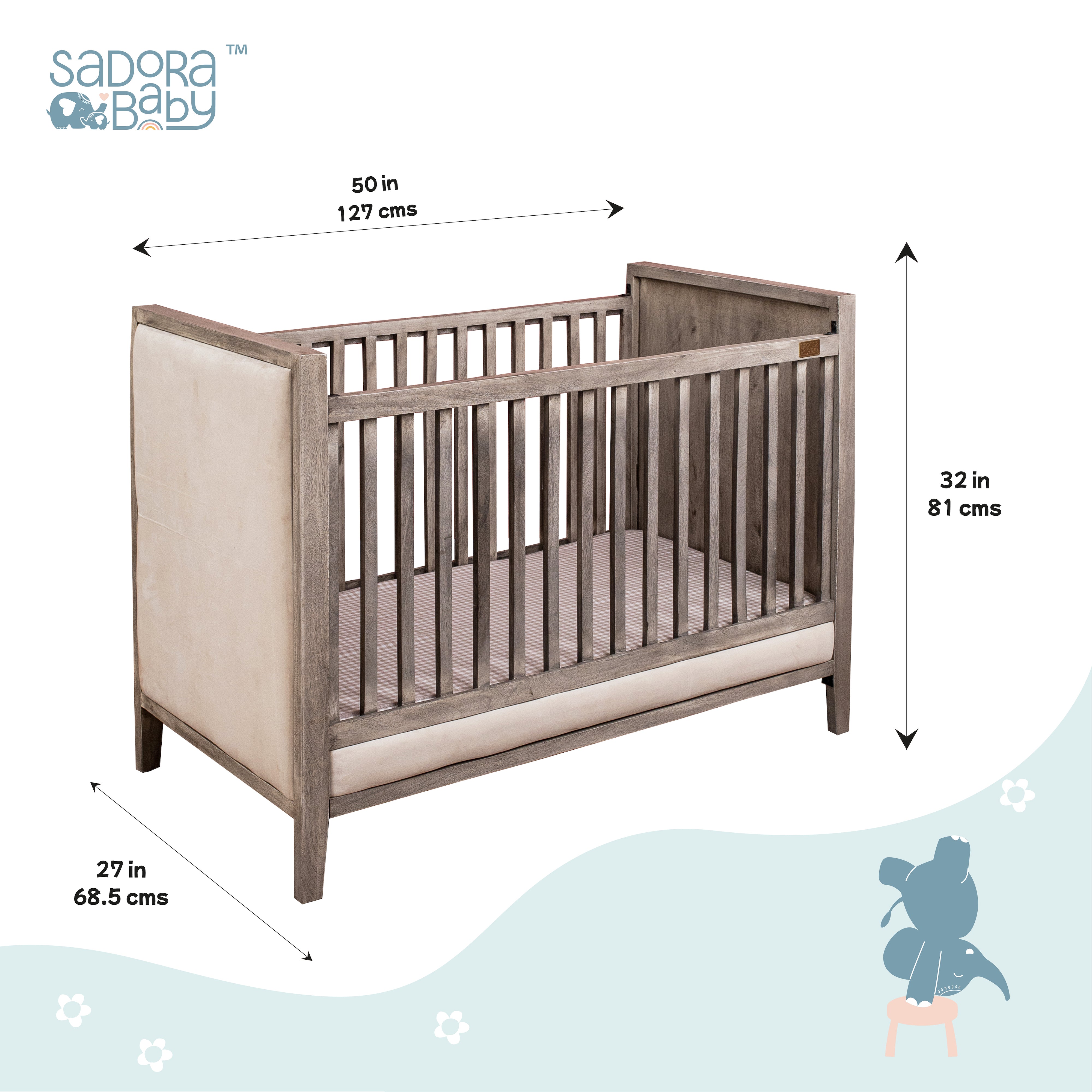 Wooden Cot With Velvet Upholstery - Ash Grey