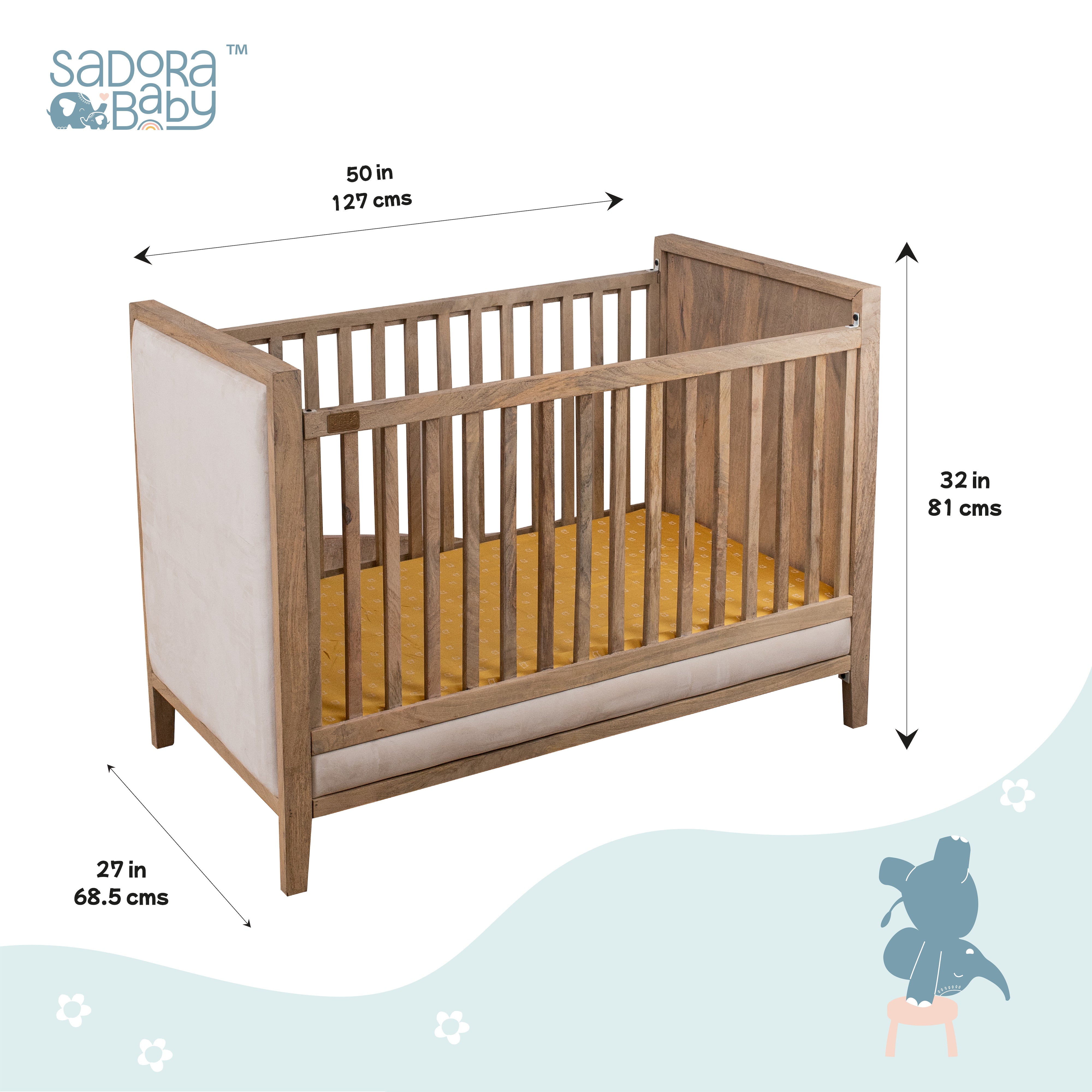 Wooden Cot With Velvet Upholstery - Oat Finish