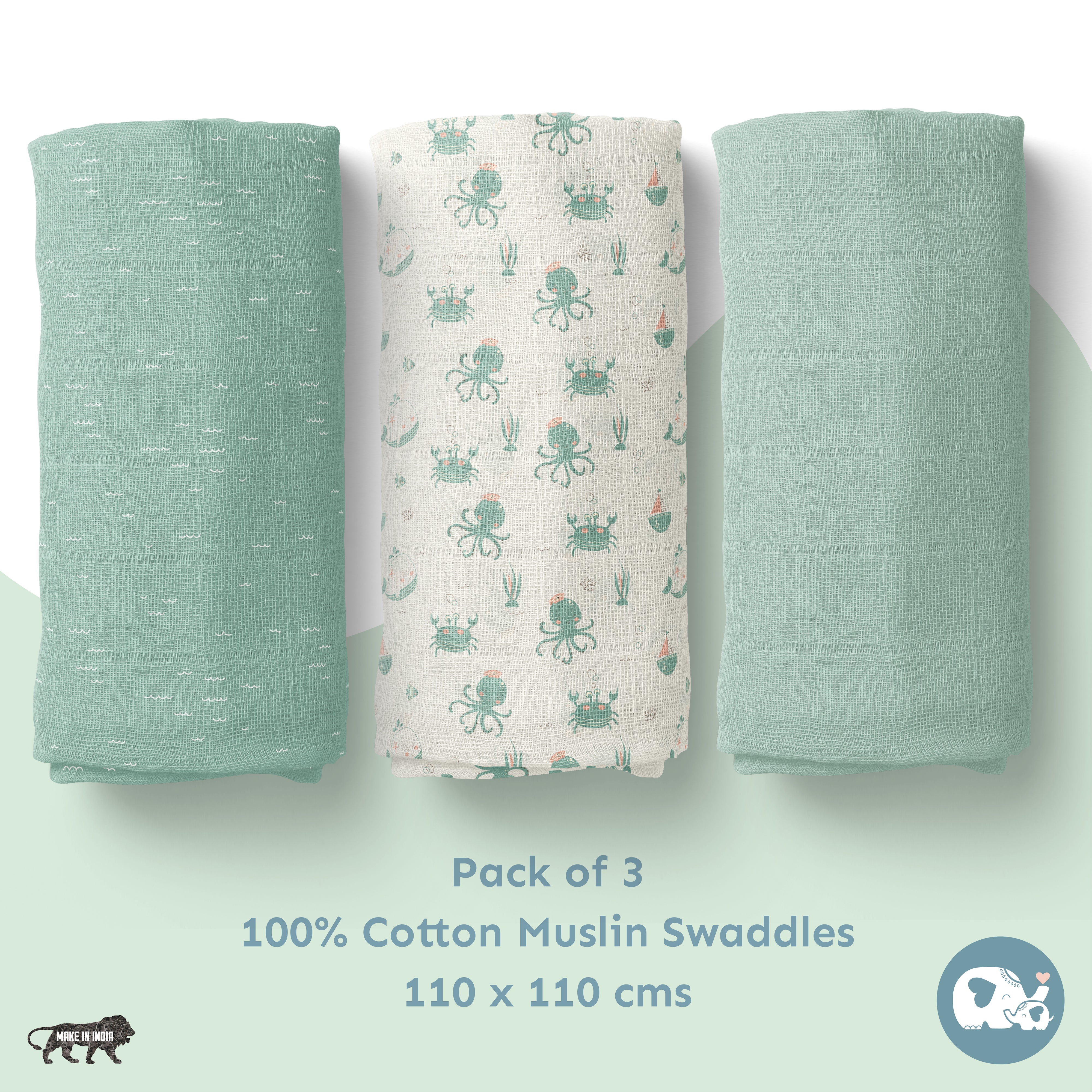 Muslin Swaddles 110 x 110 Waves / Mint / Undersea