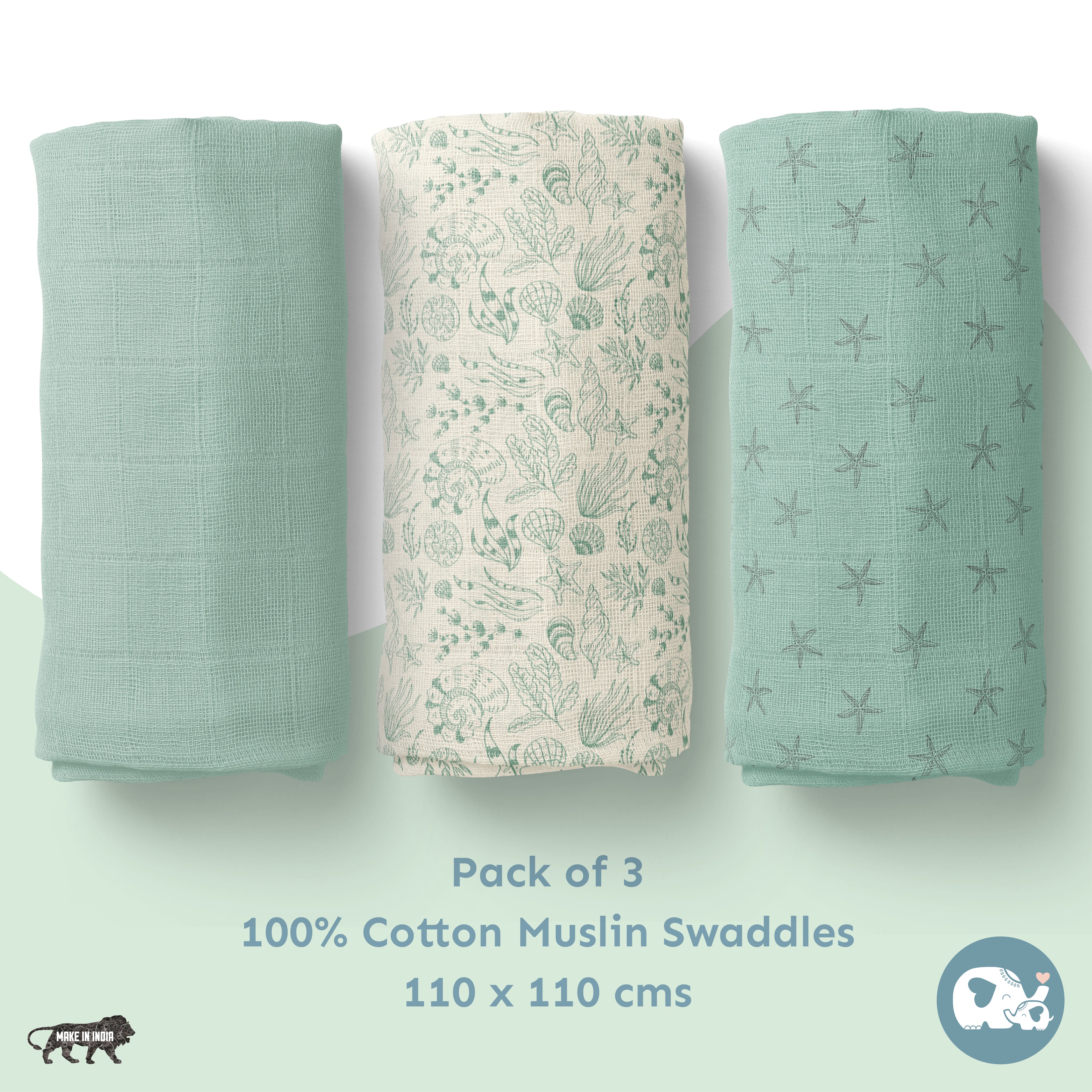 Muslin Swaddles 110 x 110 Mint / Starfish / Shells