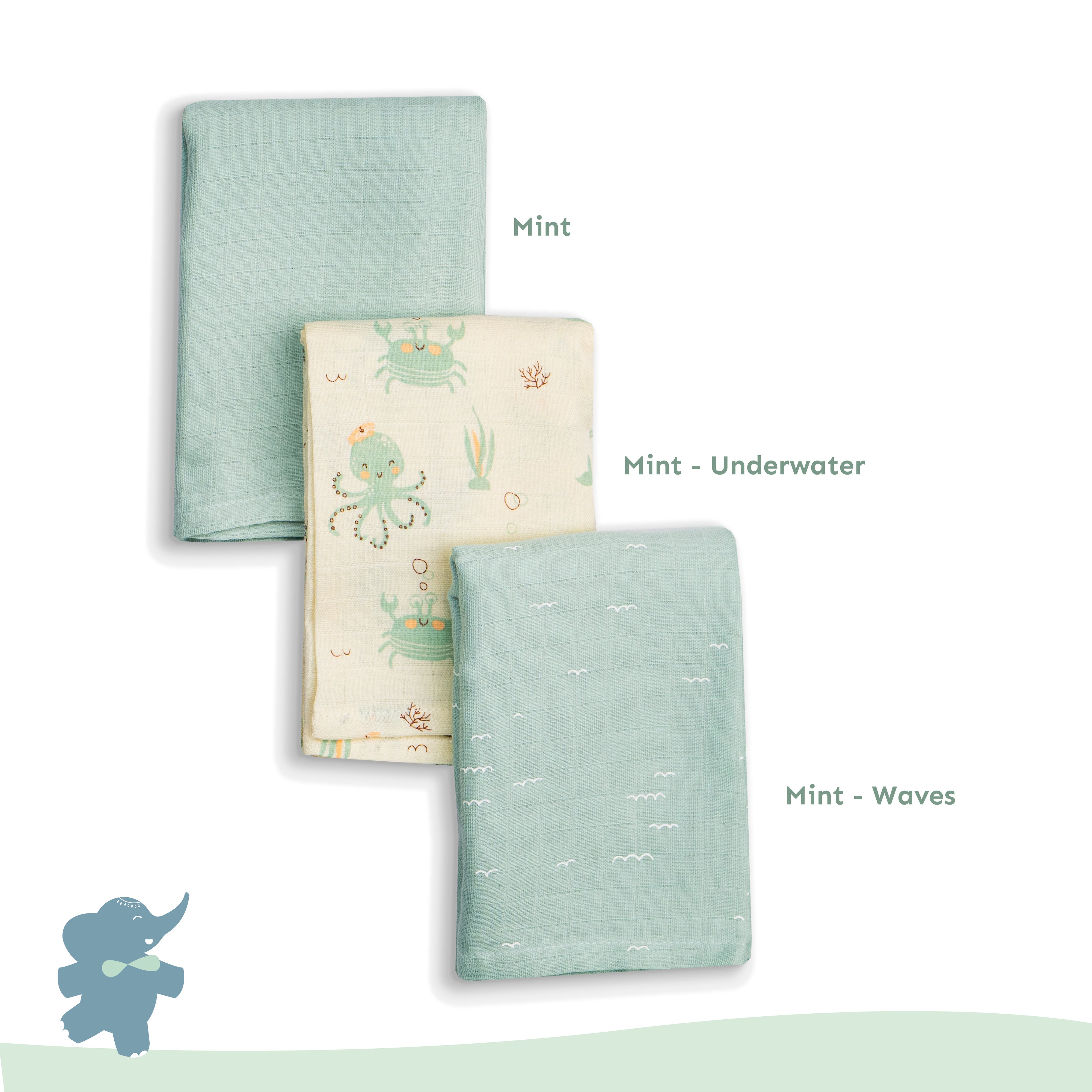 Muslin Swaddles 110 x 110 Mint Waves, Mint Starfish, Mint Undersea