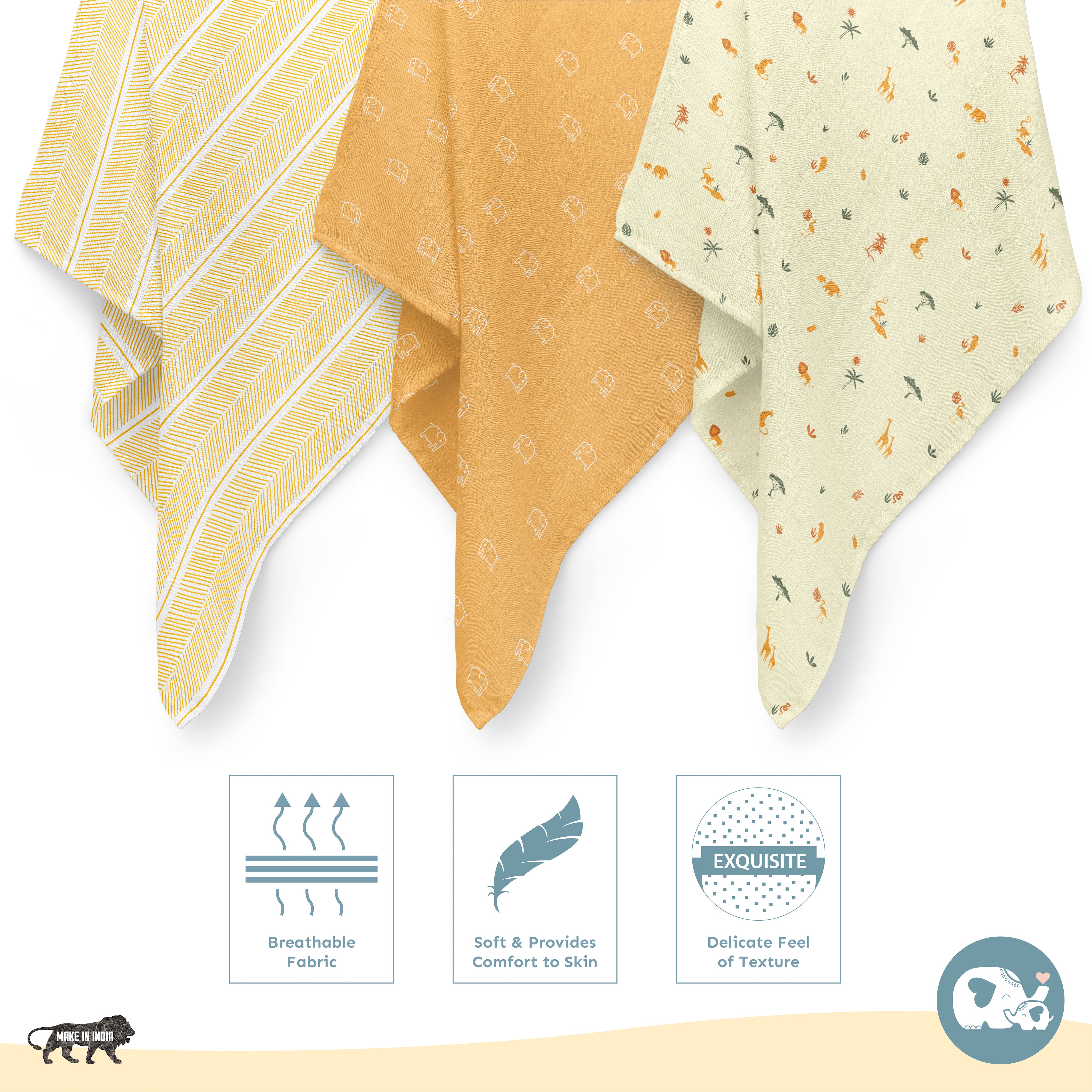 Muslin Swaddles 110 x 110 Savanna / Aztec / Elephant
