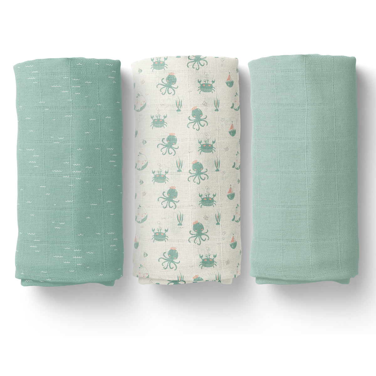 Muslin Swaddles 110 x 110 Mint Waves, Mint Starfish, Mint Undersea