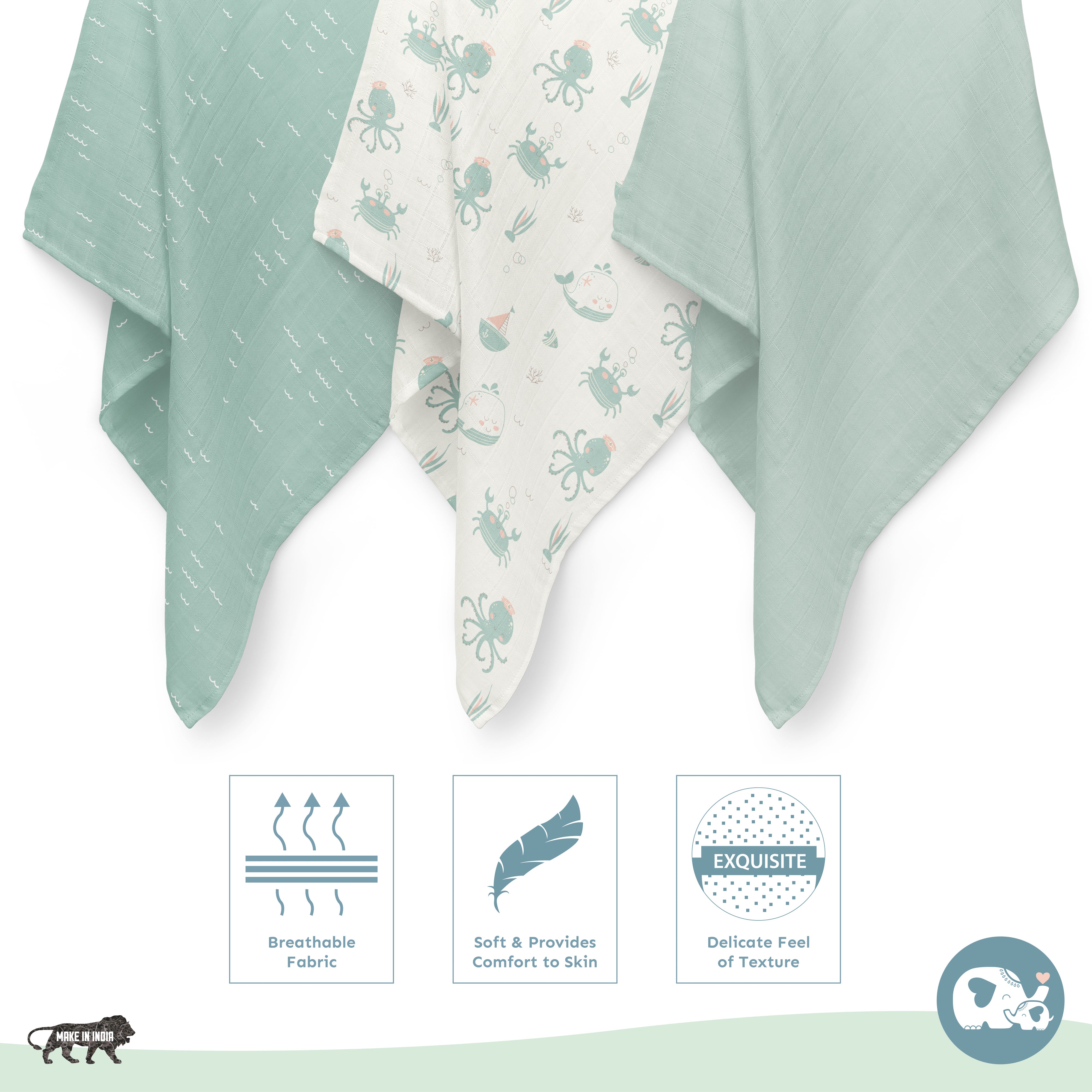 Muslin Swaddles 70 x 70 Waves / Mint / Undersea
