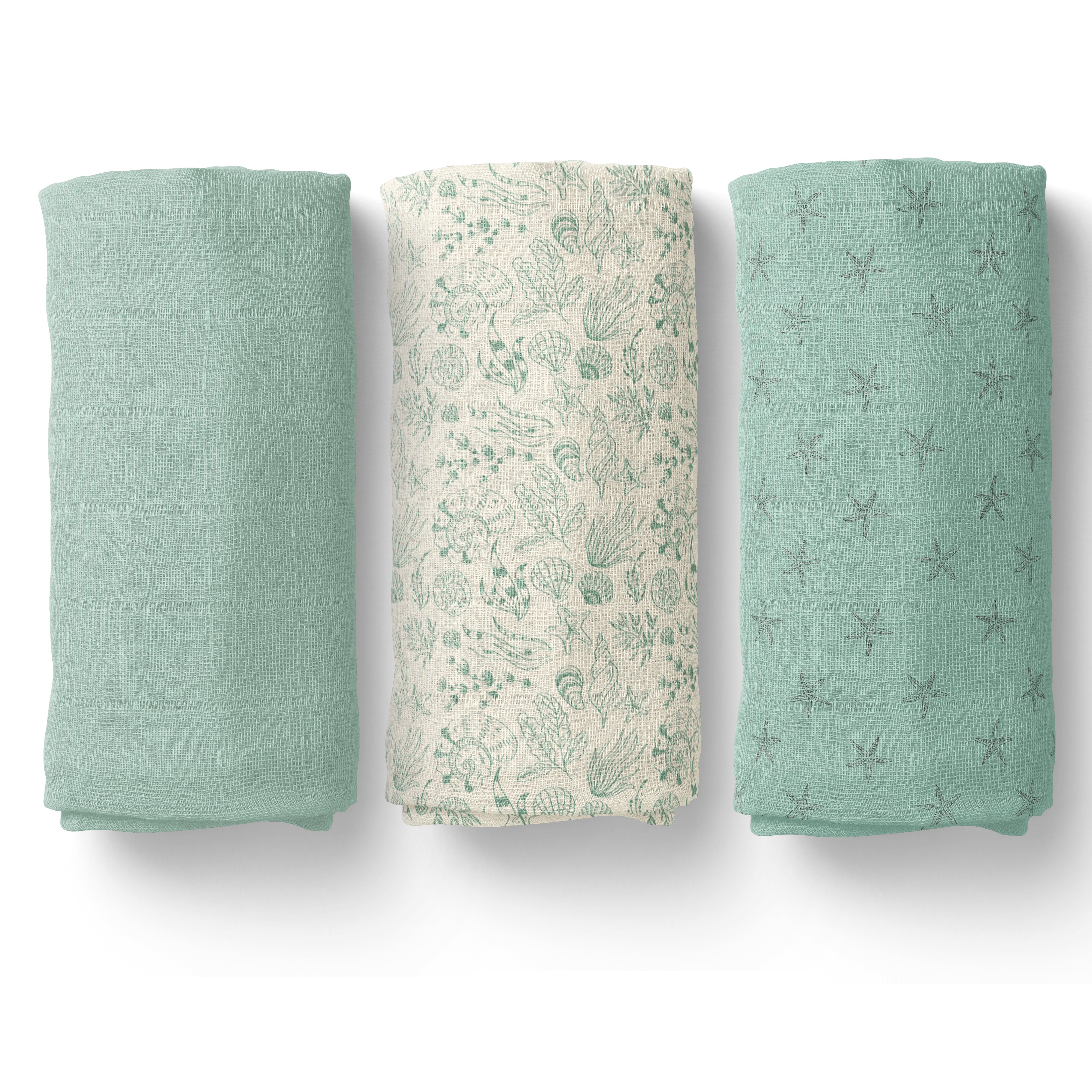 Sadorababy Muslin Swaddles – 110 x 110 – Mint Waves, Starfish