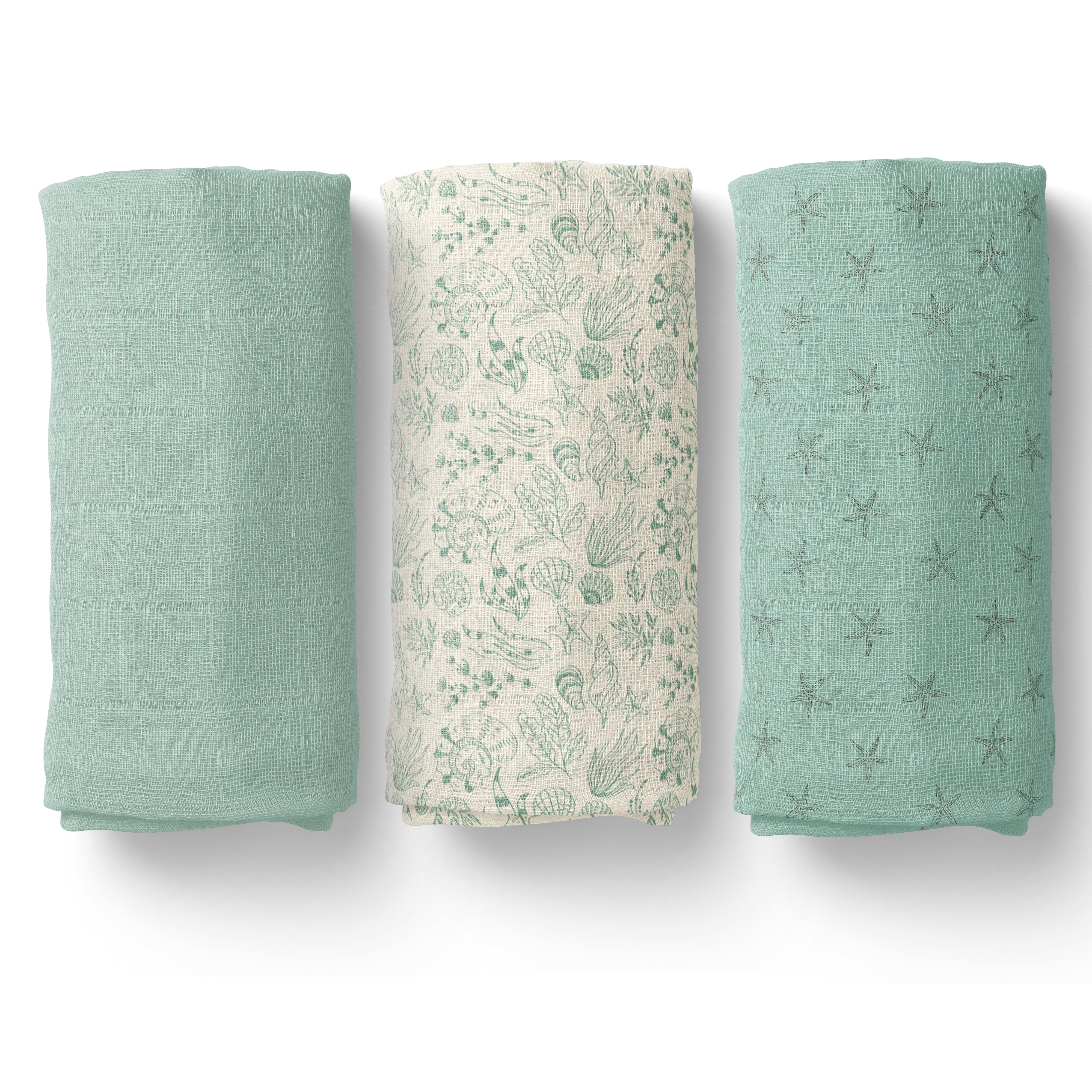 Muslin Swaddles 70 x 70 Mint / Starfish / Shells