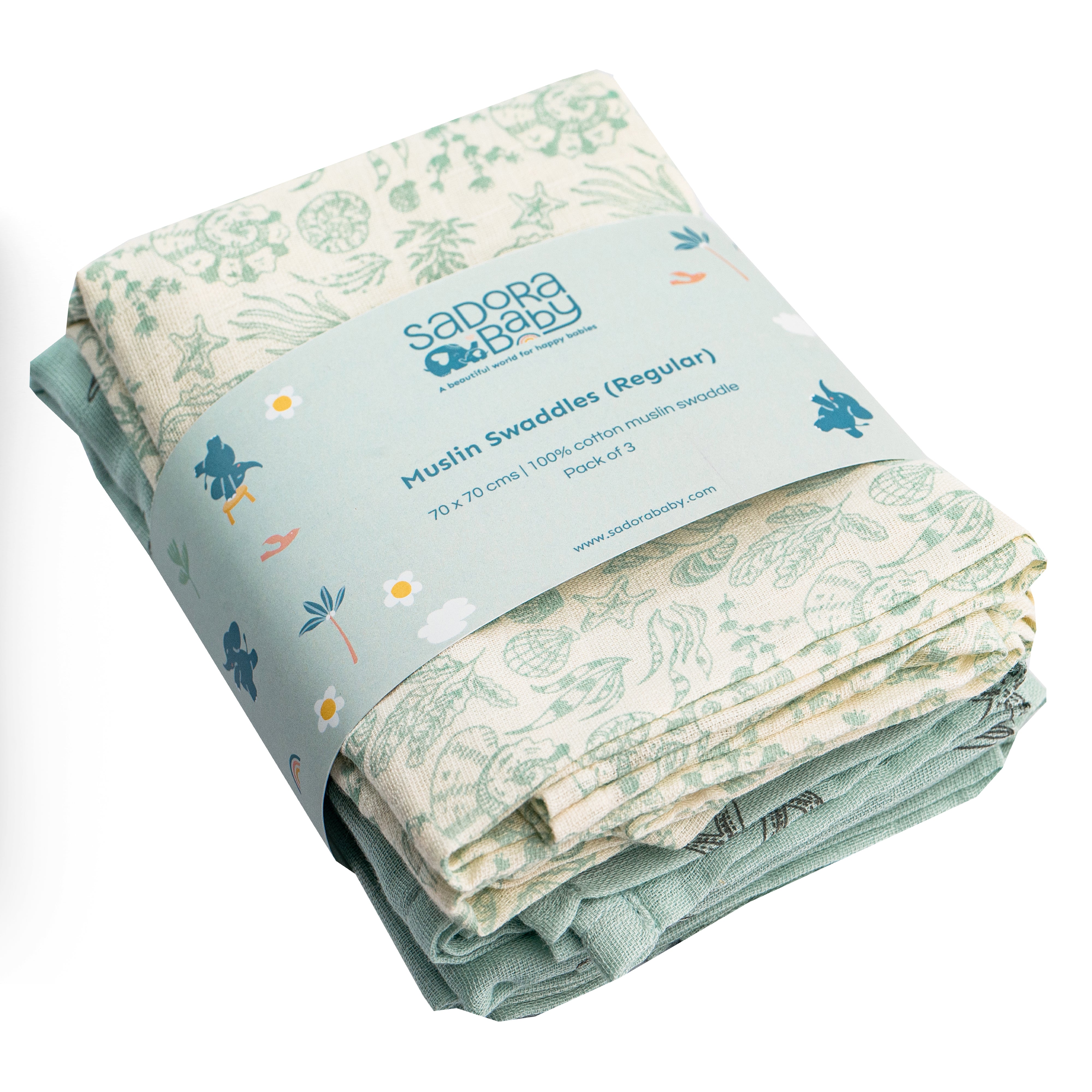 Muslin Swaddles 70 x 70 Mint / Starfish / Shells