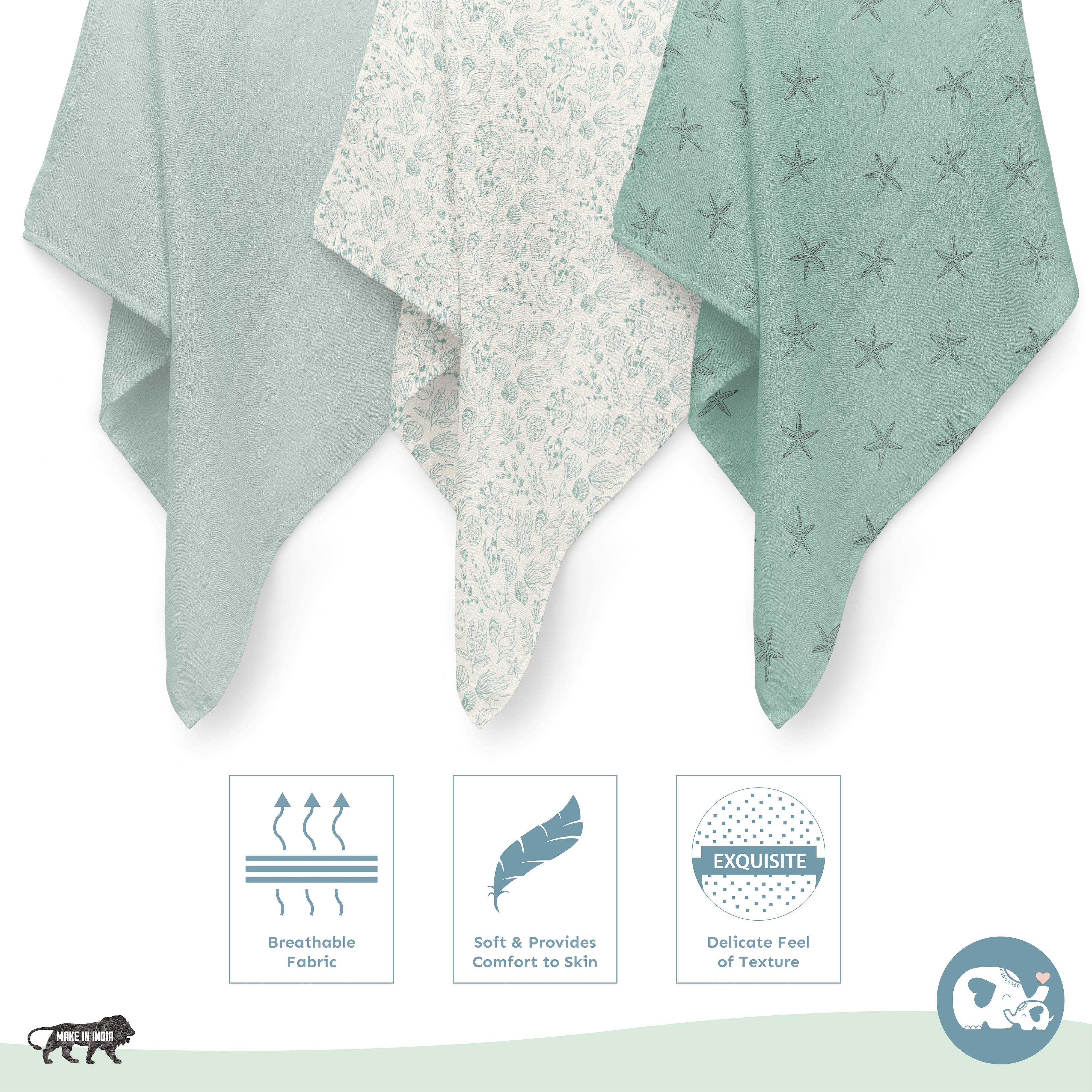 Muslin Swaddles 110 x 110 Mint / Starfish / Shells