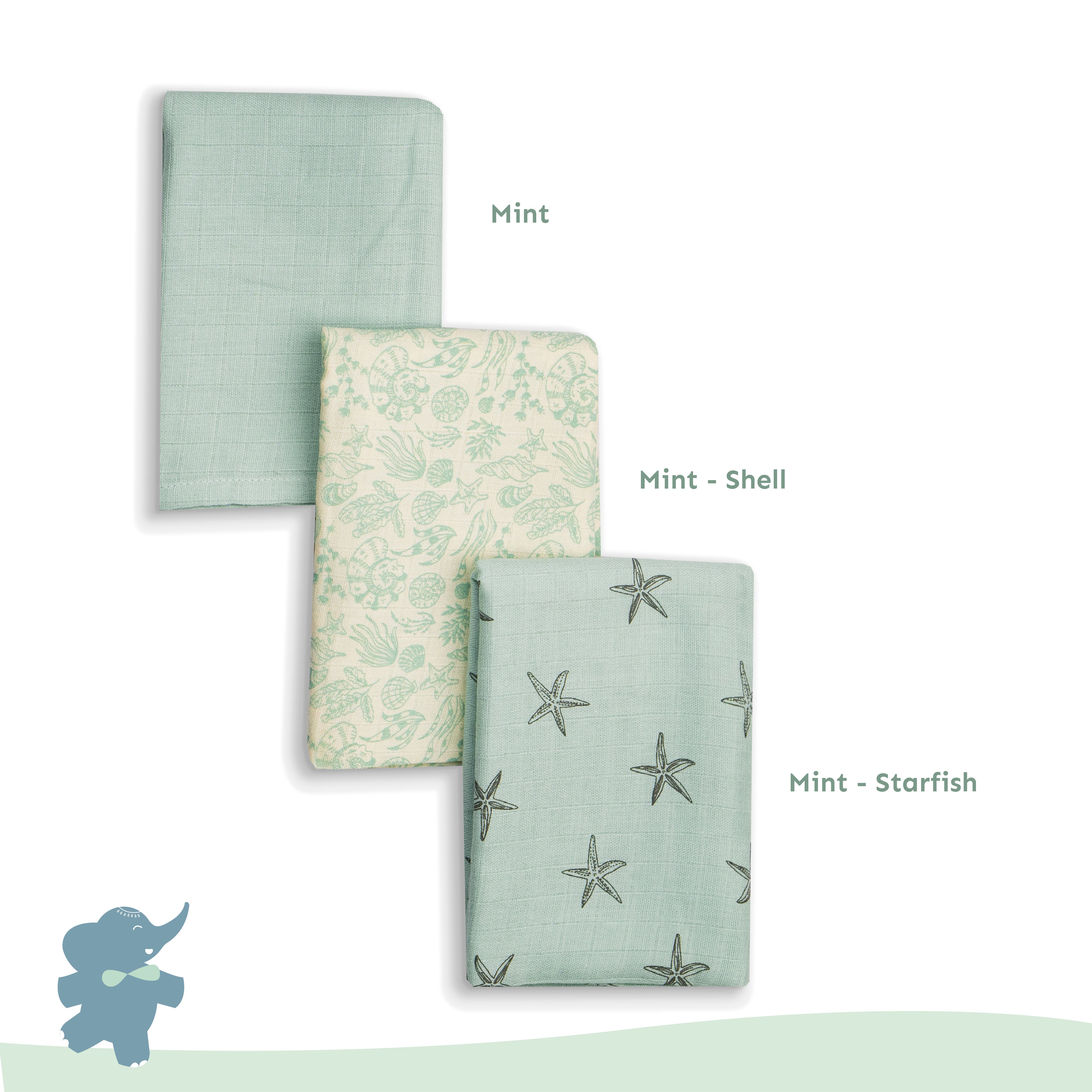 Muslin Swaddles 110 x 110 Mint / Starfish / Shells