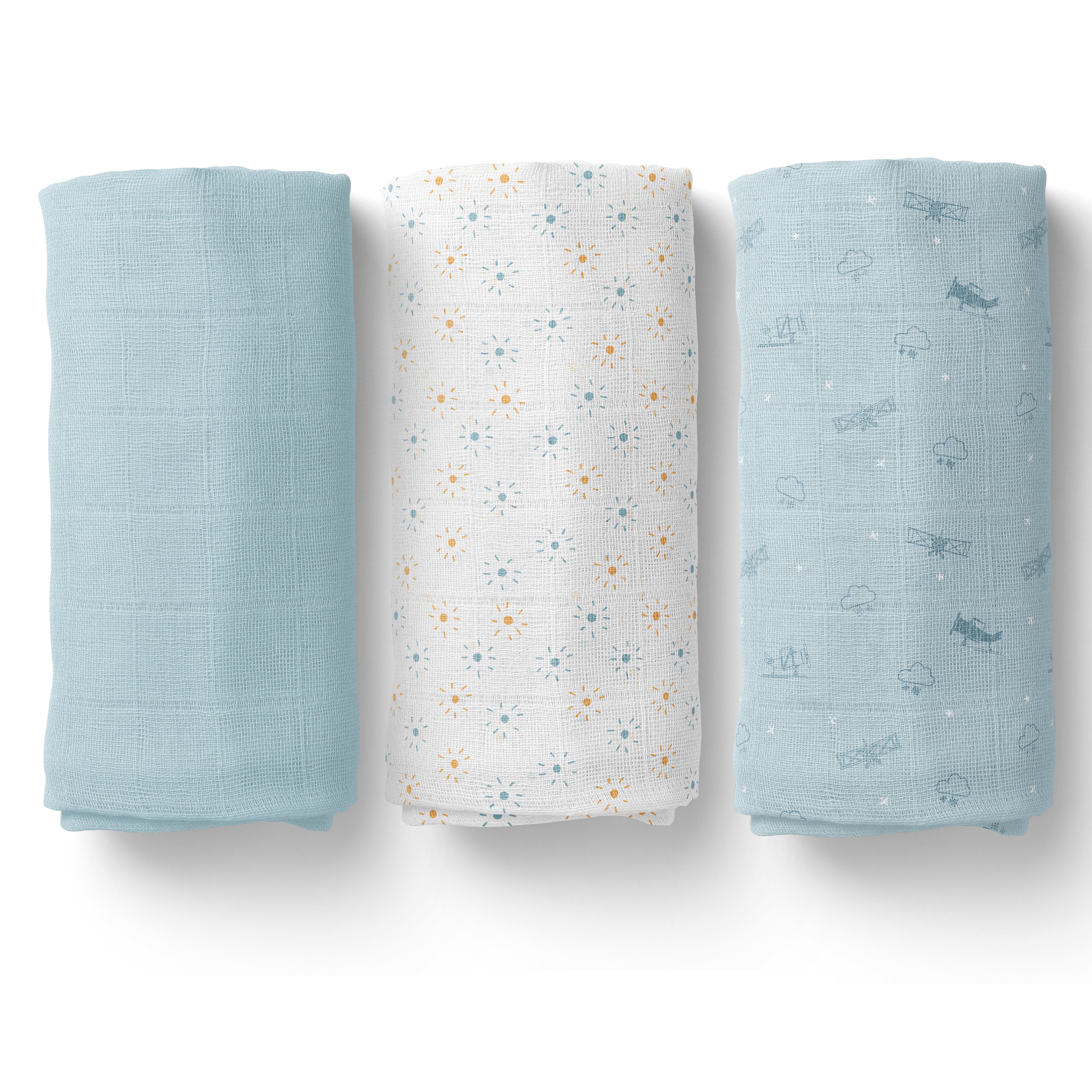 Muslin Swaddles 110 x 110 Sky / Sun / Aeroplane