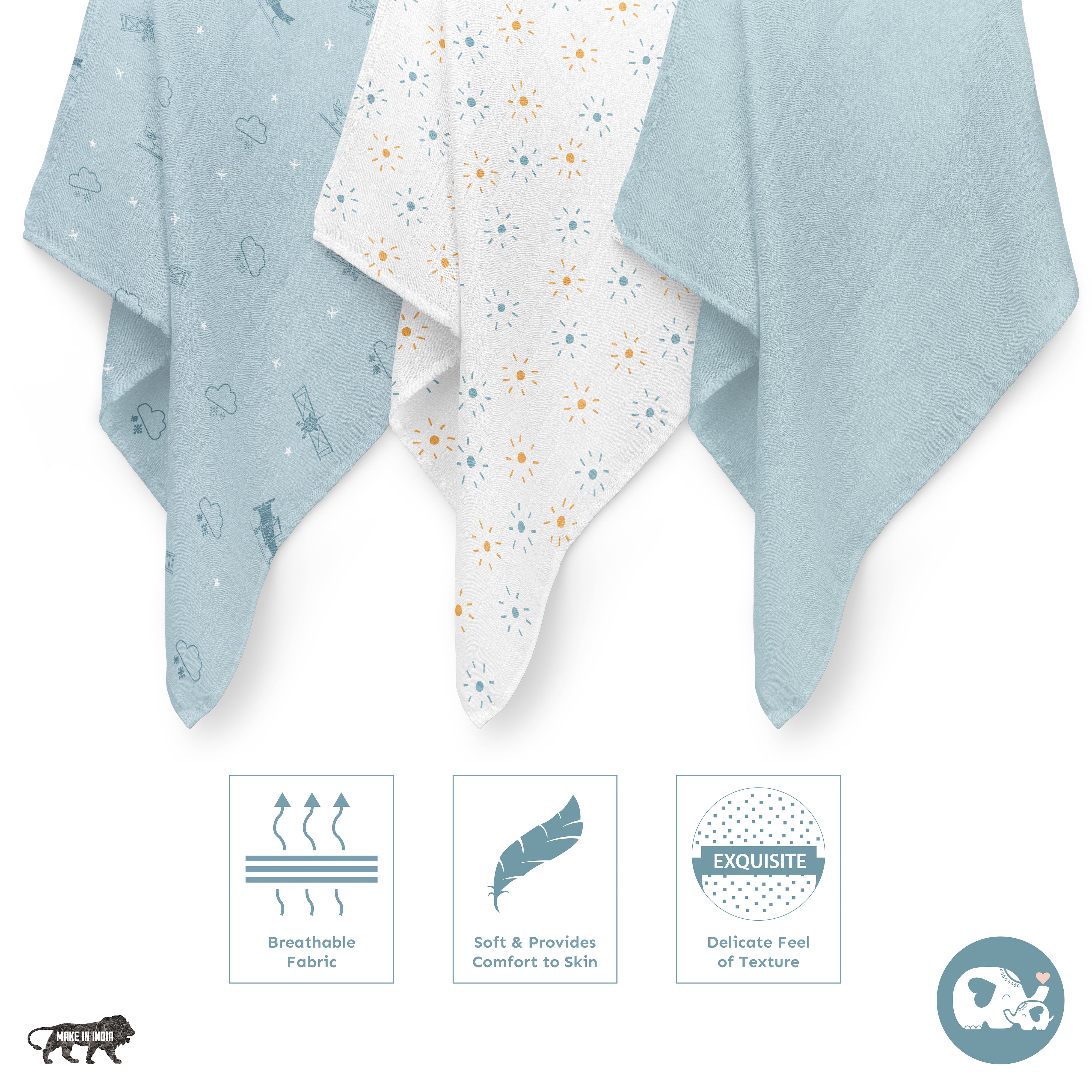 Muslin Swaddles 110 x 110 Sky / Sun / Aeroplane