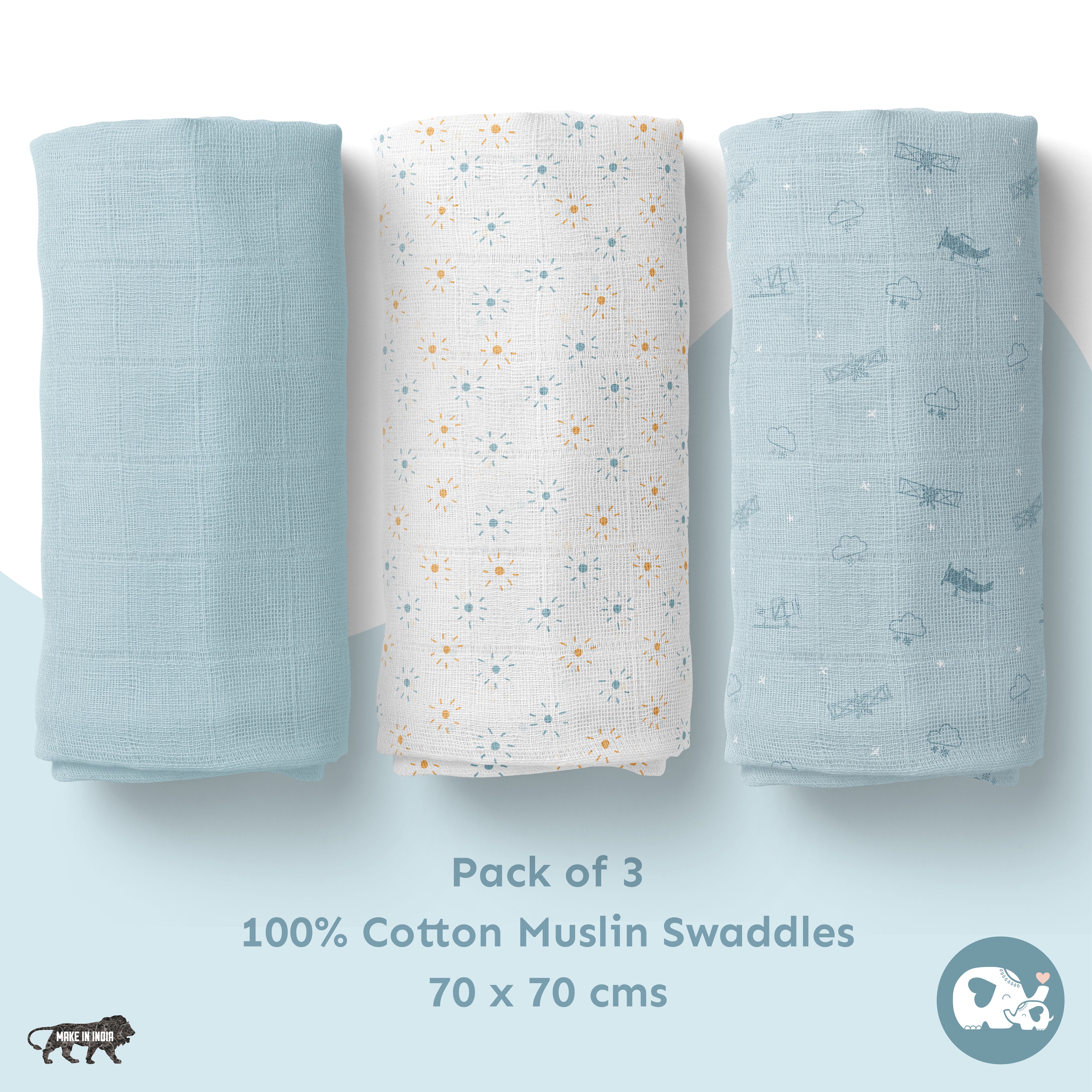 Muslin Swaddles 70 x 70 Aeroplane / Sun / Sky