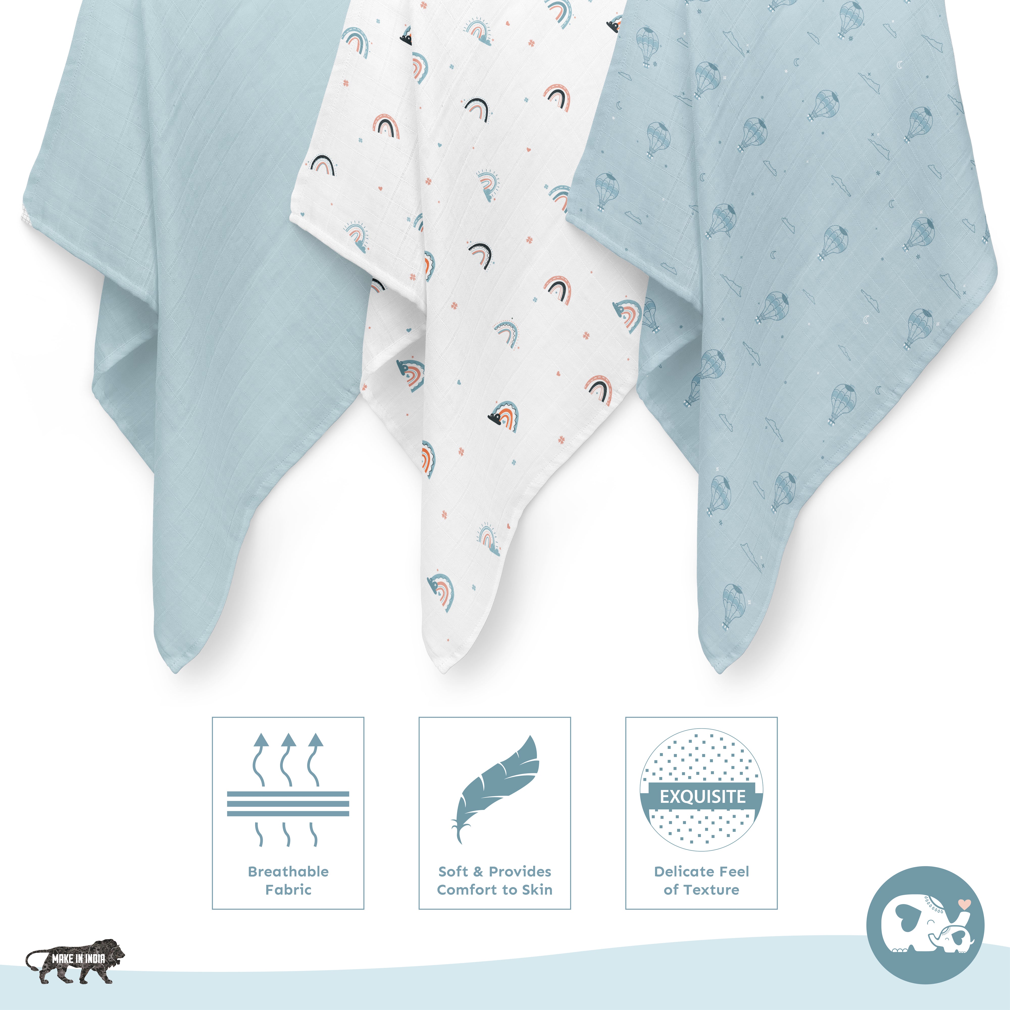 Muslin Swaddles 110 x 110 Hot Air Balloon / Sky / Rainbow