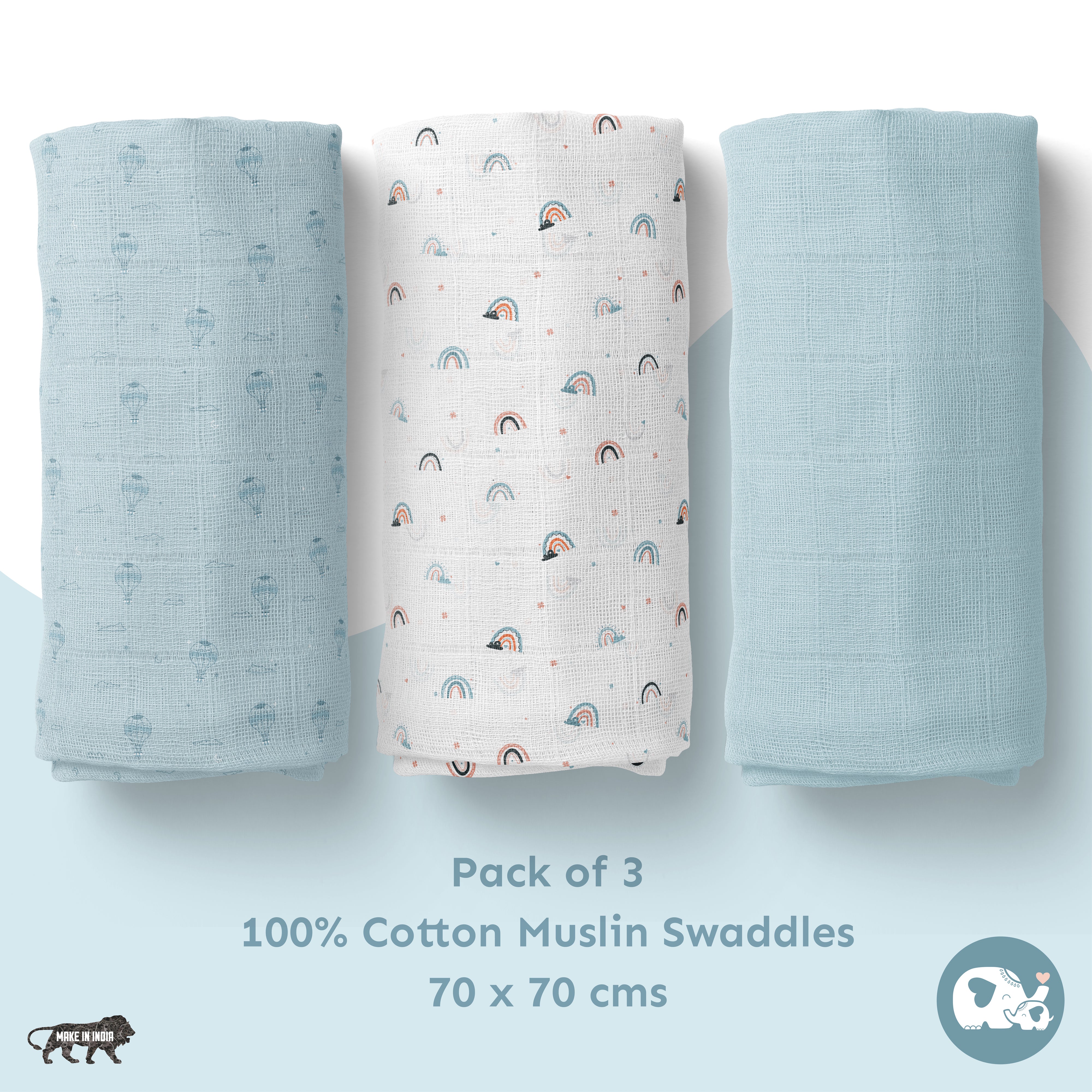 Muslin Swaddles 70 x 70 Hot Air Balloon / Rainbow / Sky