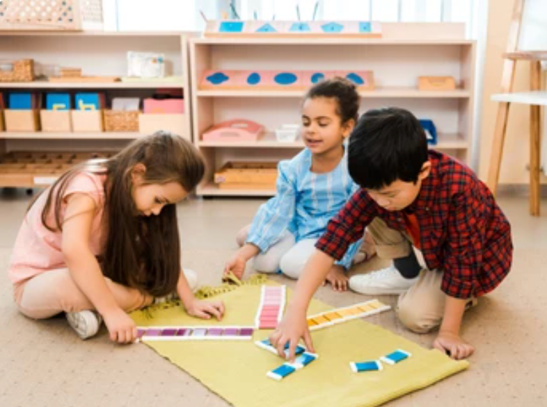 Montessori classrooms are multi-age, usually with about three grades in each classroom