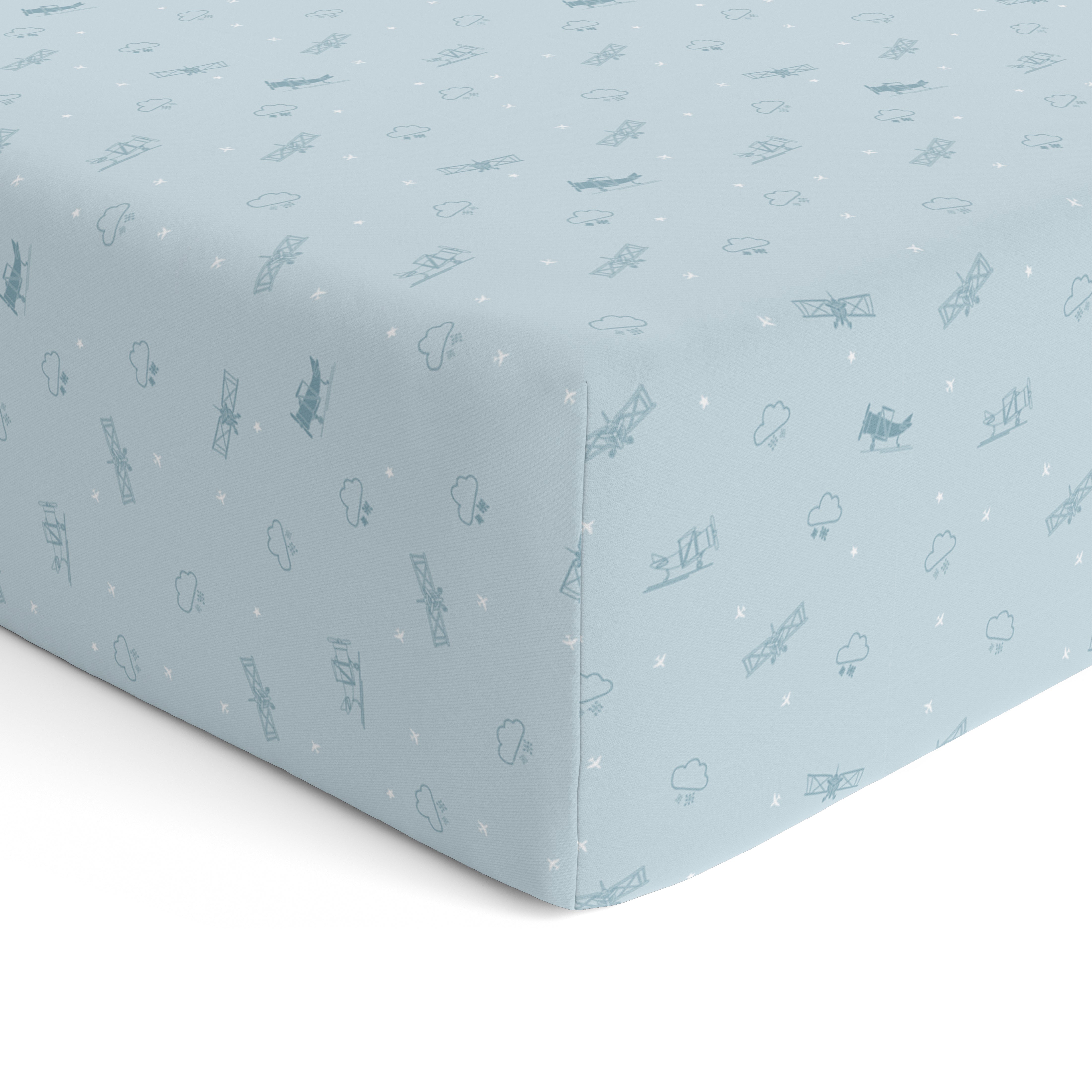 Cute, Stylish Baby Cot Fitted Sheet Denim Aeroplane Sadora Baby
