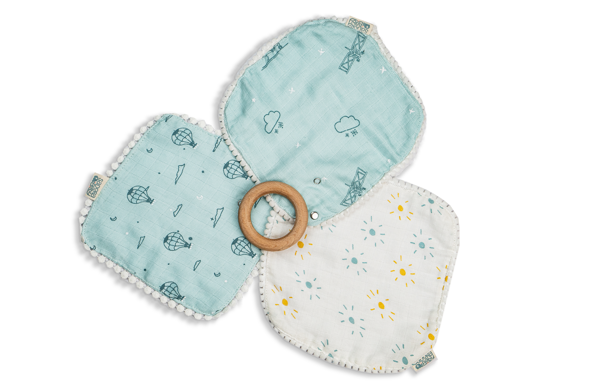 Pacifier Cloth With Wooden Ring / Aeroplane / Hot Air Balloon / Sun
