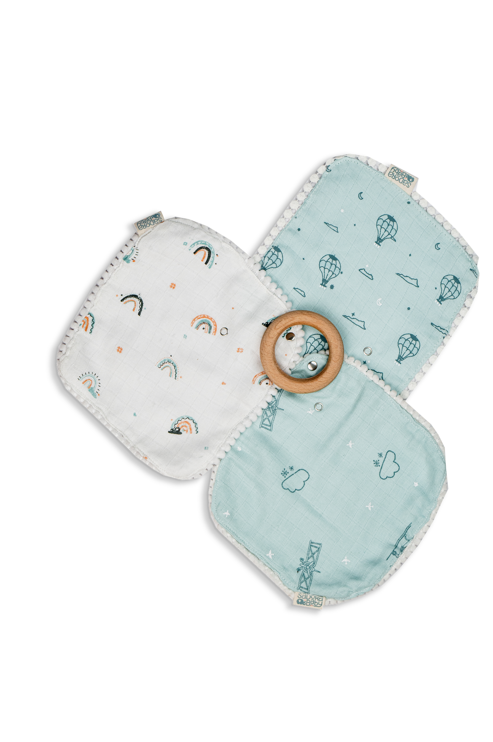 Pacifier Cloth With Wooden Ring / Aeroplane / Hot Air Balloon / Rainbow