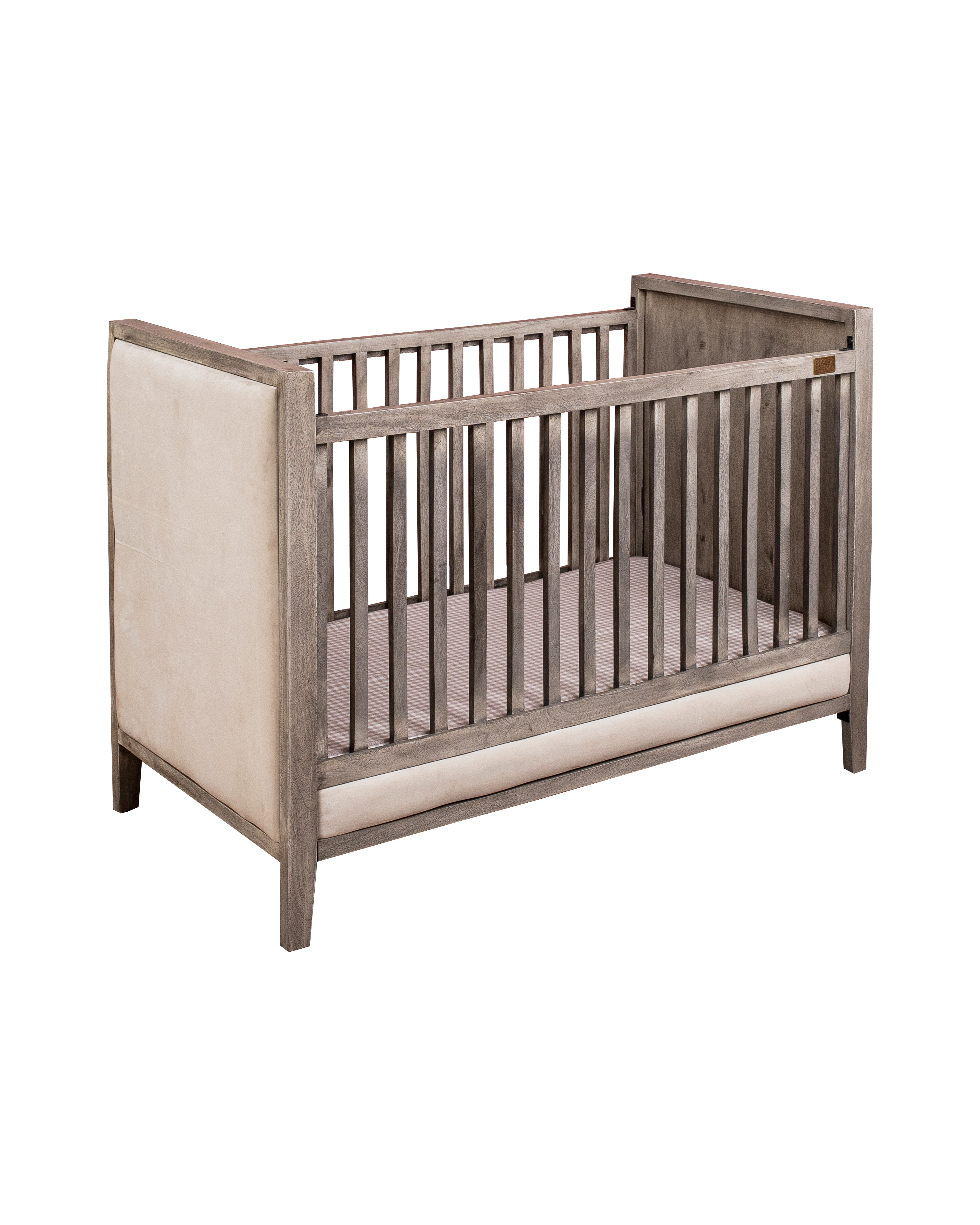 Wooden Cot With Velvet Upholstery - Ash Grey