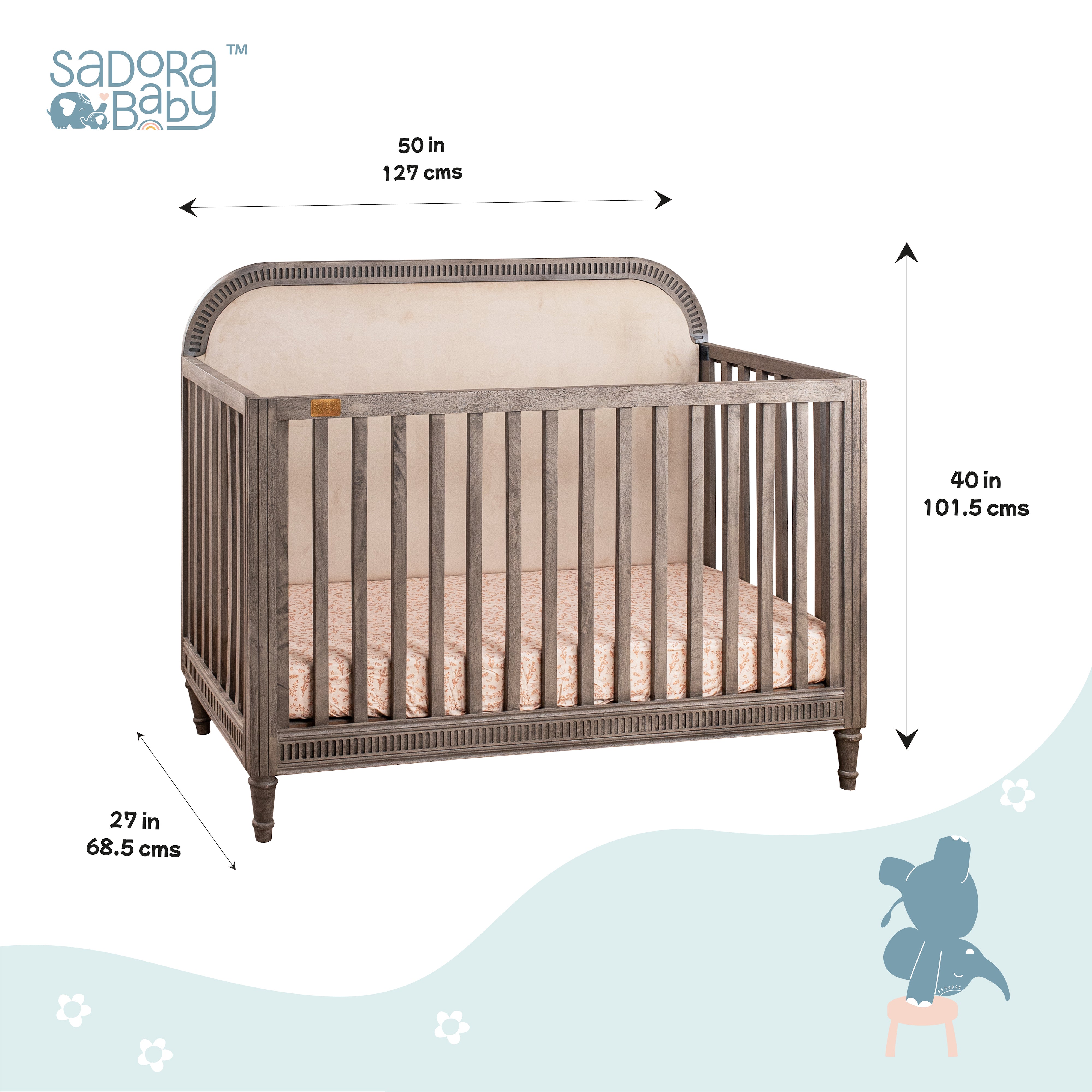 Wooden Cot With Headboard - Ash Grey